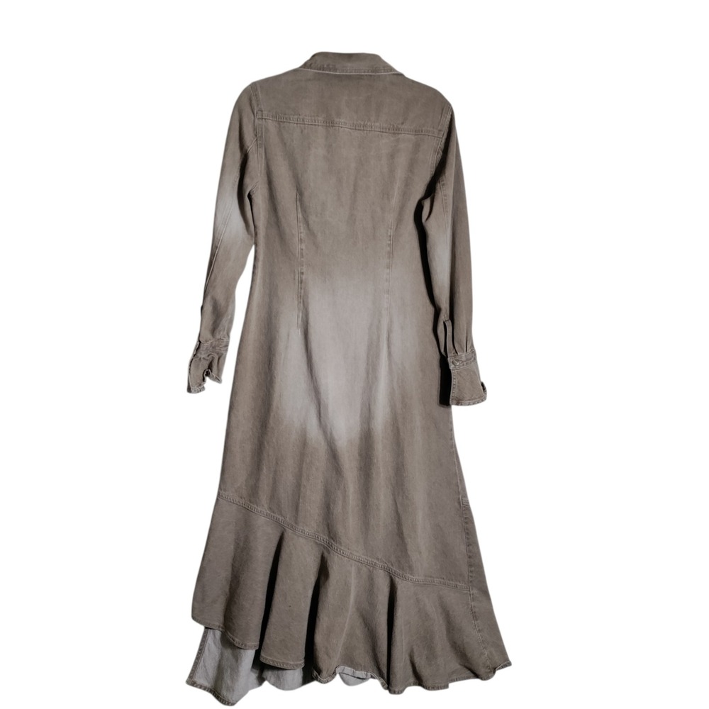 Newport News Jeanology Brown Denim Maxi Shirt Dress Ruffle Hem Size 12 F0404 - Picture 2 of 6